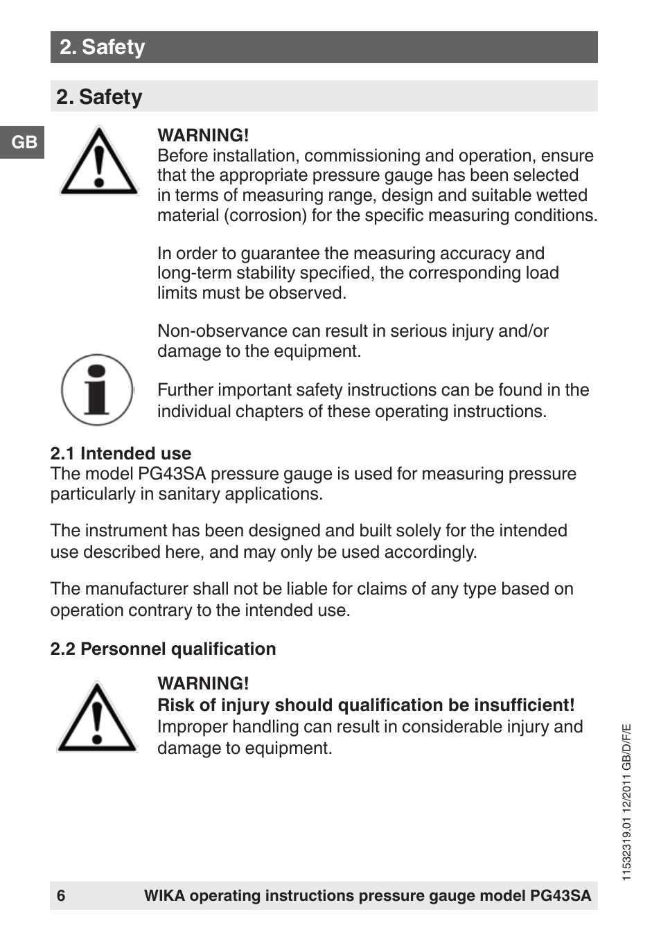 Safety | WIKA PG43SA User Manual | Page 6 / 48