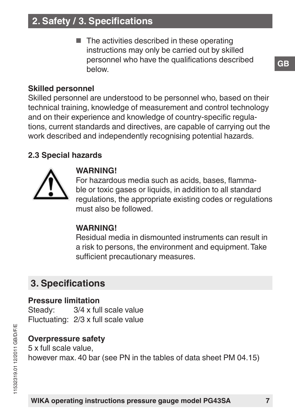Specifications, Safety / 3. specifications | WIKA PG43SA User Manual | Page 7 / 48