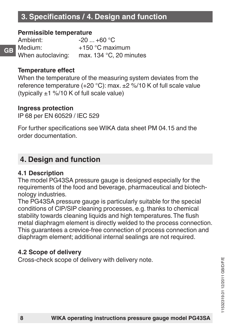 Design and function, Specifications / 4. design and function | WIKA PG43SA User Manual | Page 8 / 48