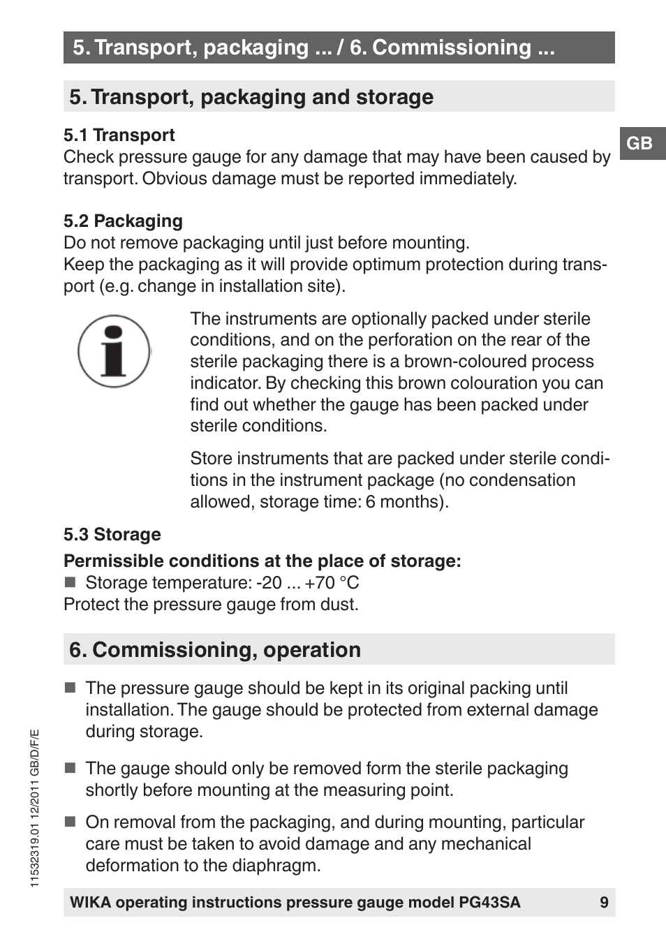Transport, packaging and storage, Commissioning, operation, Transport, packaging ... / 6. commissioning | WIKA PG43SA User Manual | Page 9 / 48