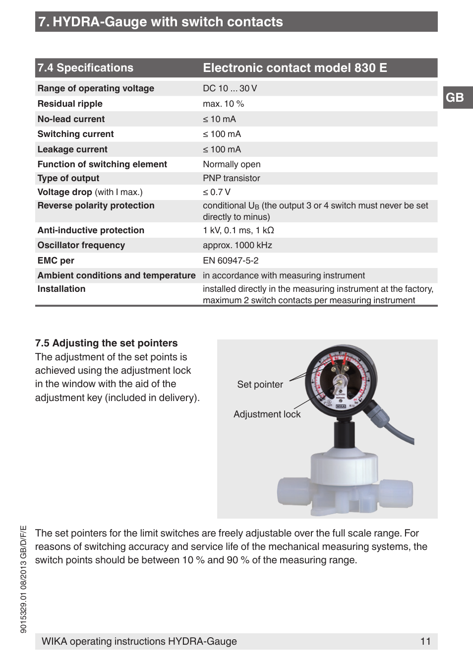 Hydra-gauge with switch contacts, Electronic contact model 830 e | WIKA Hydra-Gauge User Manual | Page 11 / 44