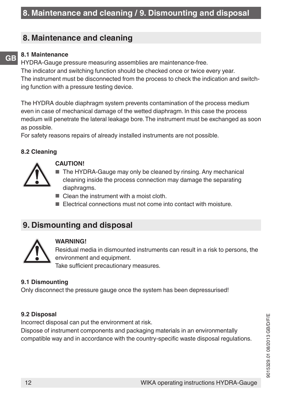 Maintenance and cleaning | WIKA Hydra-Gauge User Manual | Page 12 / 44