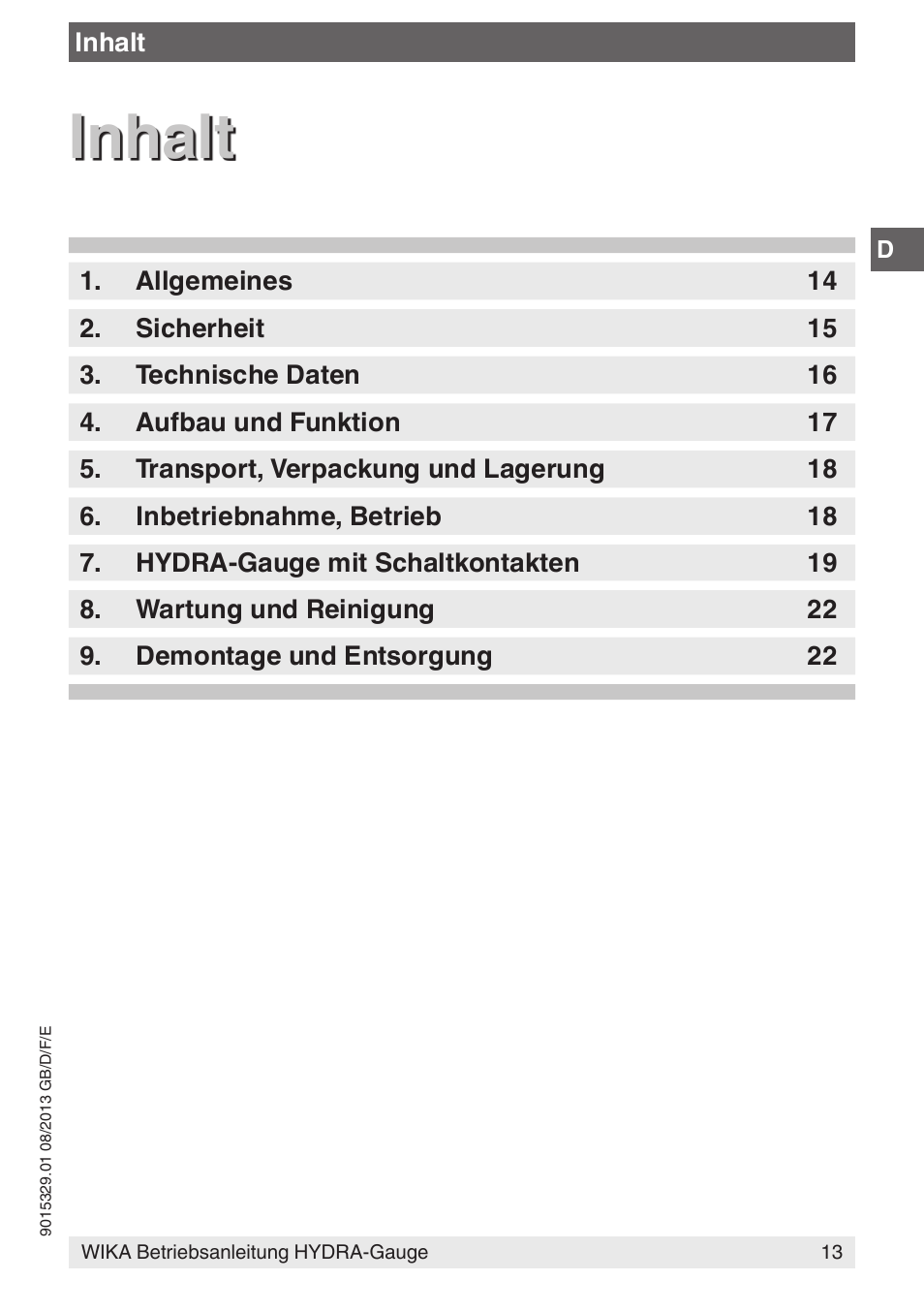 Inhalt | WIKA Hydra-Gauge User Manual | Page 13 / 44