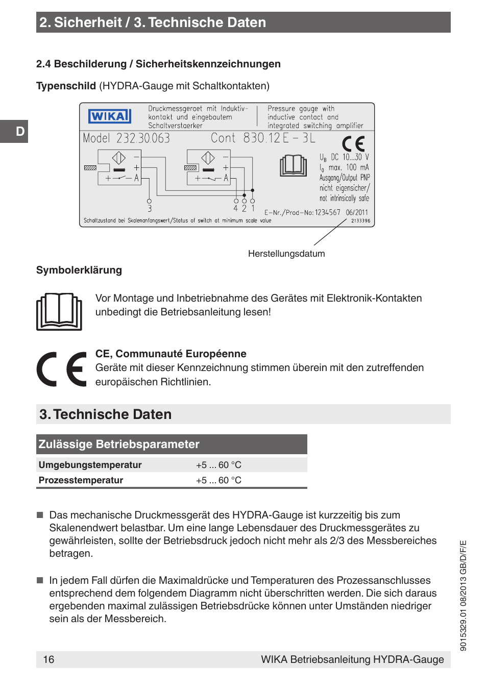 Sicherheit / 3. technische daten, Technische daten | WIKA Hydra-Gauge User Manual | Page 16 / 44