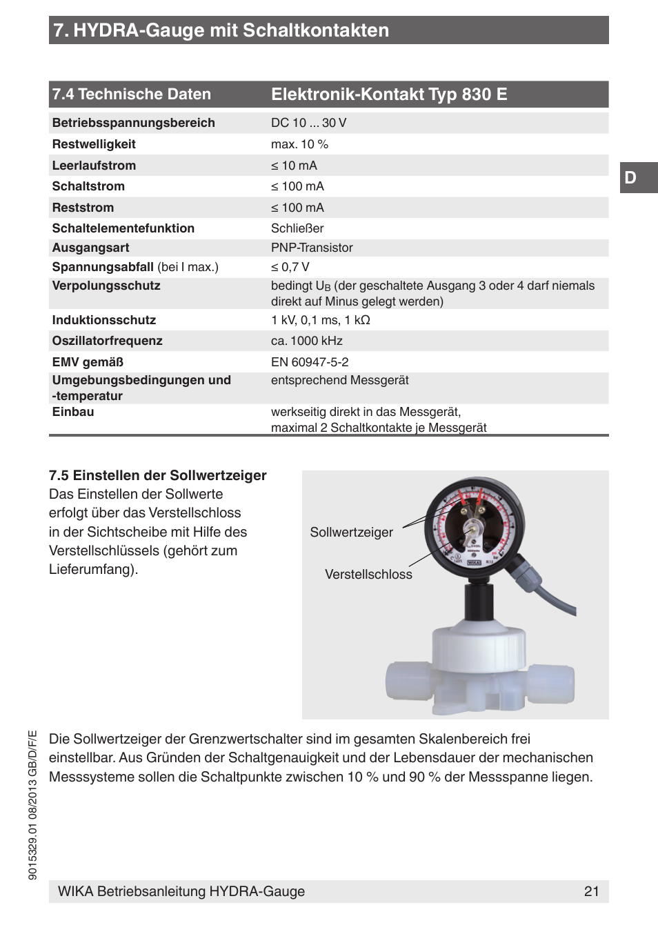 Hydra-gauge mit schaltkontakten, Elektronik-kontakt typ 830 e | WIKA Hydra-Gauge User Manual | Page 21 / 44