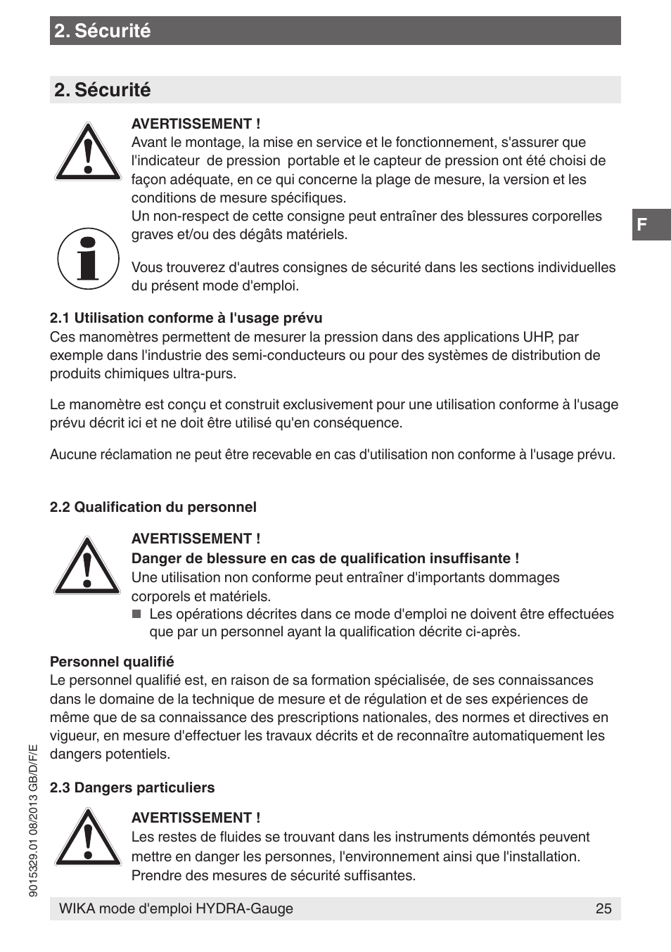 Sécurité | WIKA Hydra-Gauge User Manual | Page 25 / 44