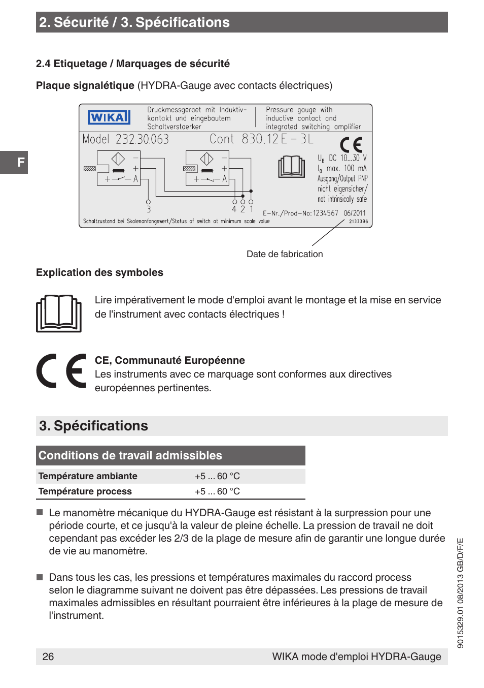 Sécurité / 3. spécifications, Spécifications | WIKA Hydra-Gauge User Manual | Page 26 / 44