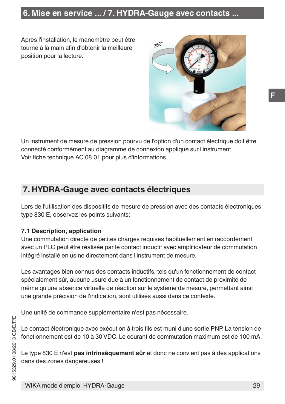 Mise en service ... / 7. hydra-gauge avec contacts, Hydra-gauge avec contacts électriques | WIKA Hydra-Gauge User Manual | Page 29 / 44