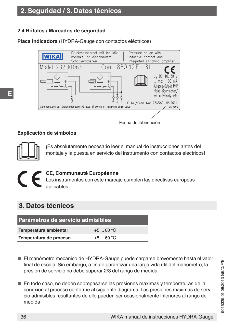 Seguridad / 3. datos técnicos, Datos técnicos | WIKA Hydra-Gauge User Manual | Page 36 / 44