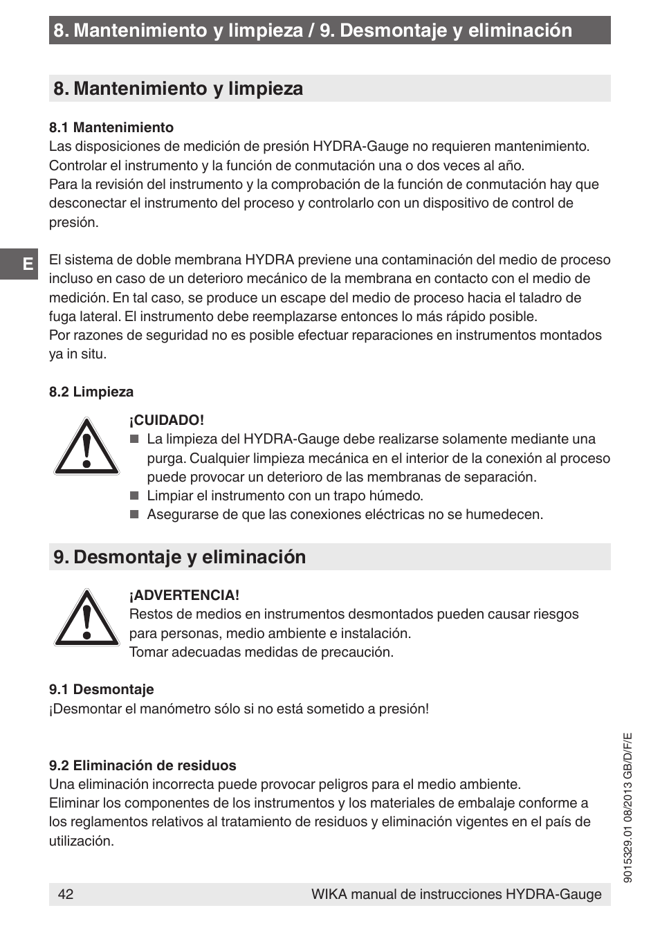 Mantenimiento y limpieza | WIKA Hydra-Gauge User Manual | Page 42 / 44
