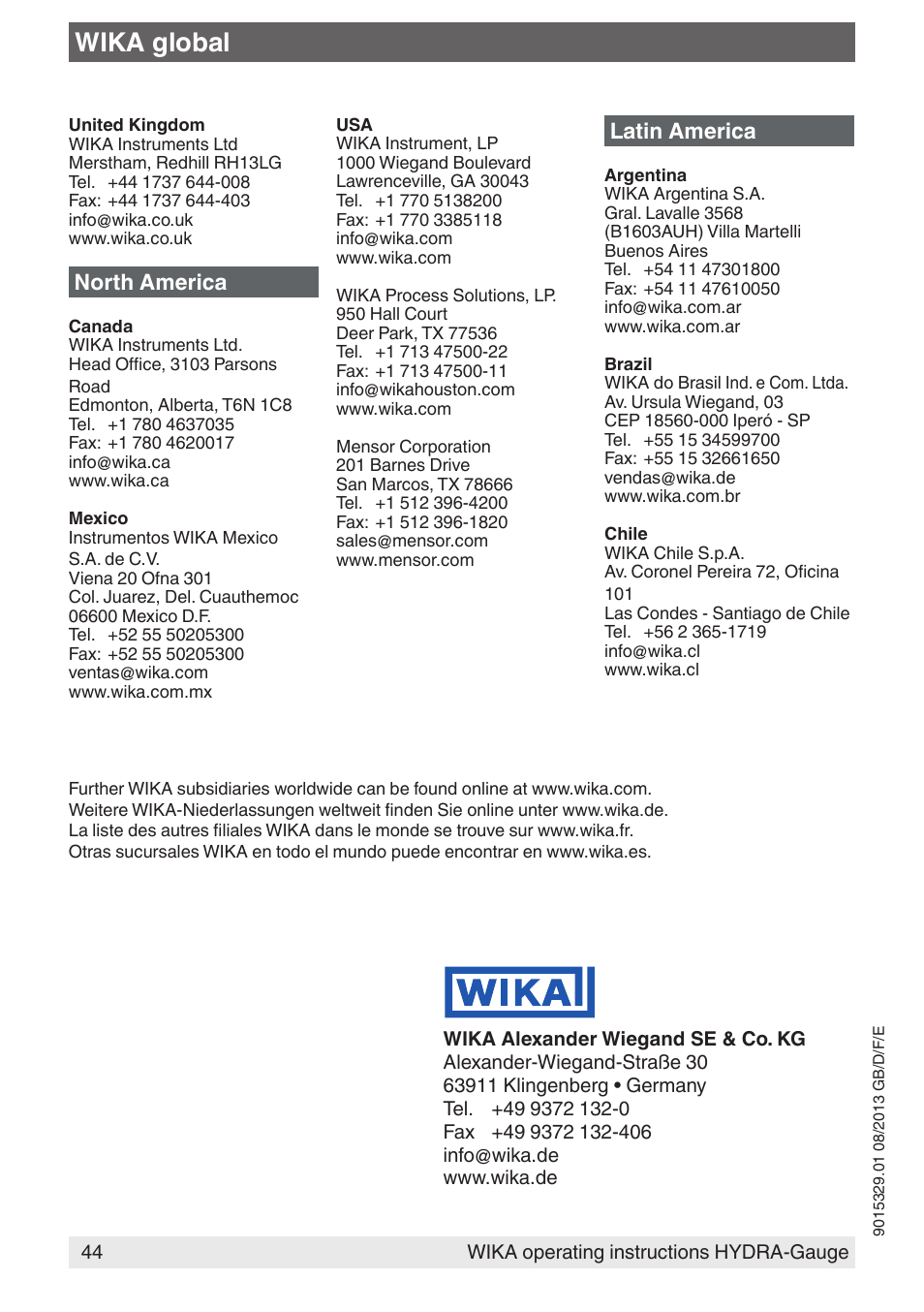 Wika global, North america, Latin america | WIKA Hydra-Gauge User Manual | Page 44 / 44