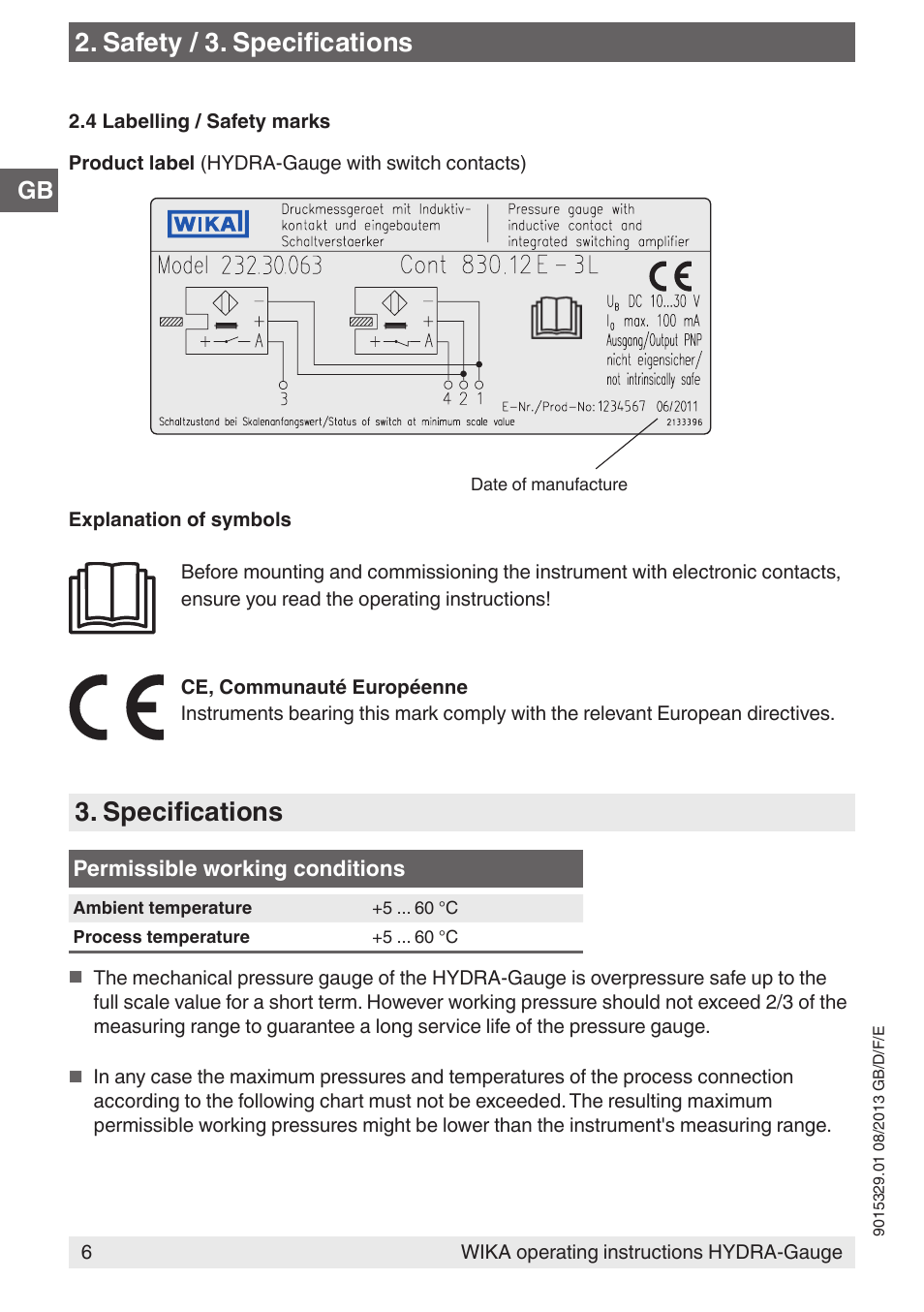 Safety / 3. specifications, Specifications | WIKA Hydra-Gauge User Manual | Page 6 / 44
