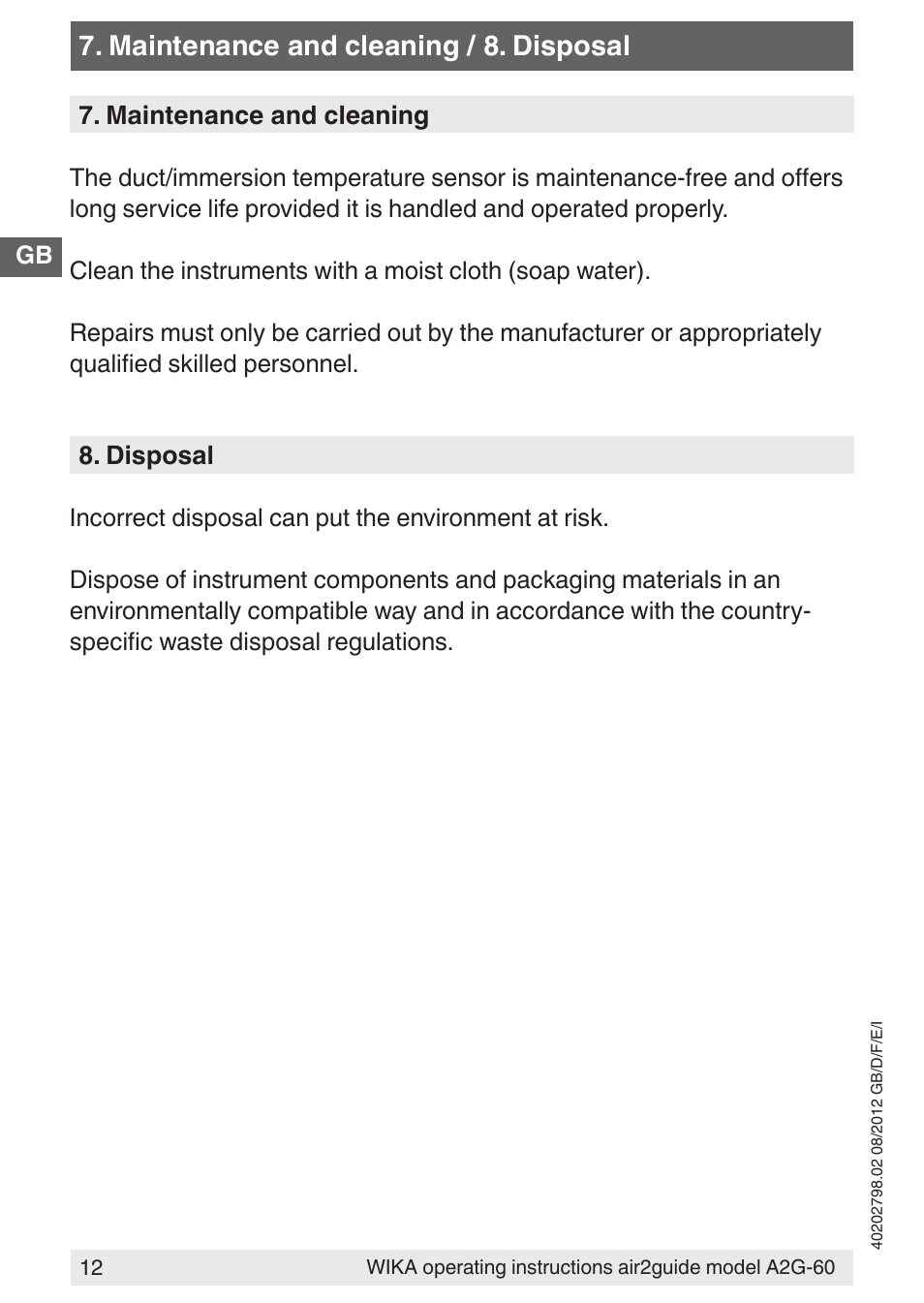 Maintenance and cleaning / 8. disposal | WIKA A2G-60 User Manual | Page 12 / 52