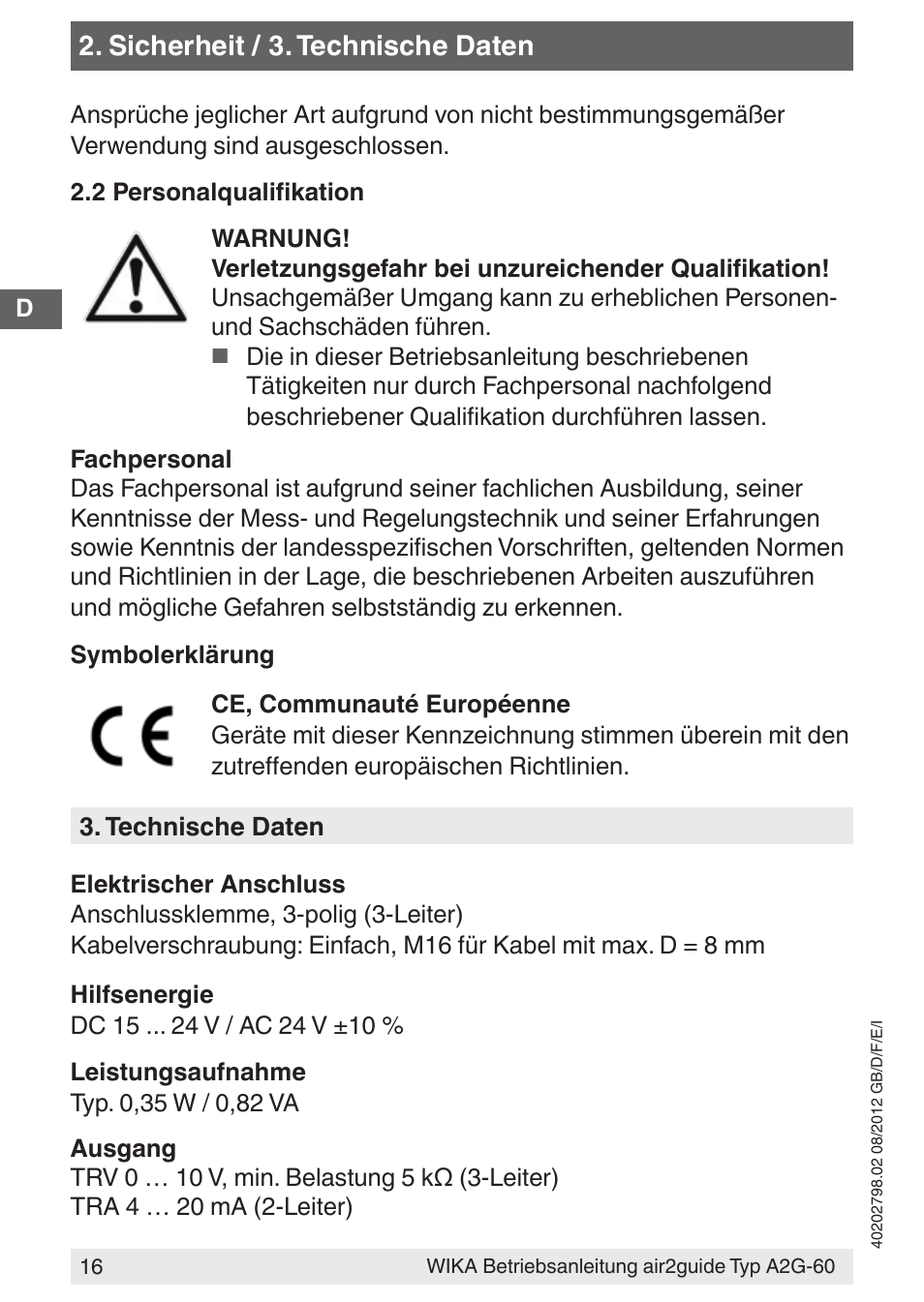 Sicherheit / 3. technische daten | WIKA A2G-60 User Manual | Page 16 / 52