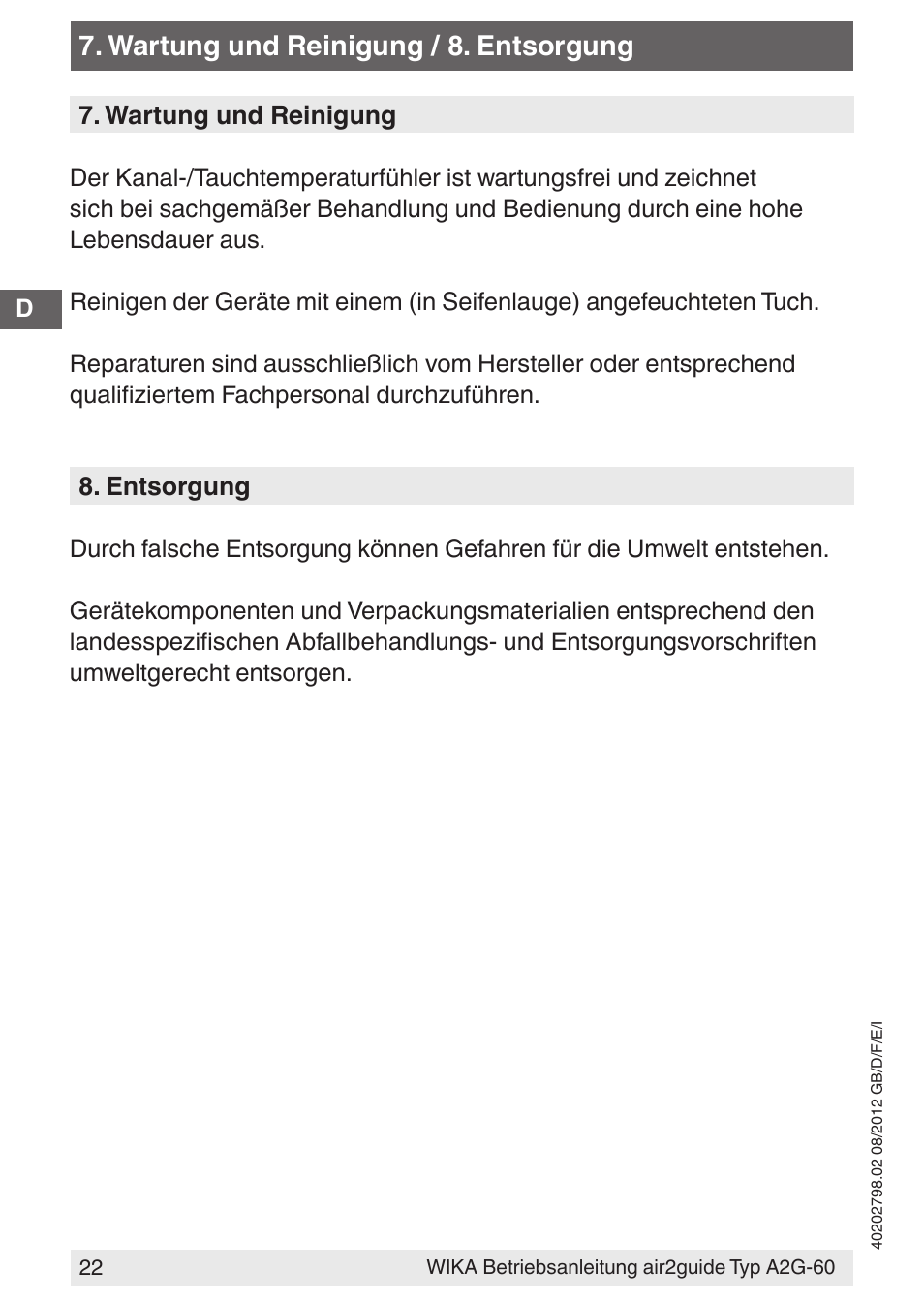 Wartung und reinigung / 8. entsorgung | WIKA A2G-60 User Manual | Page 22 / 52