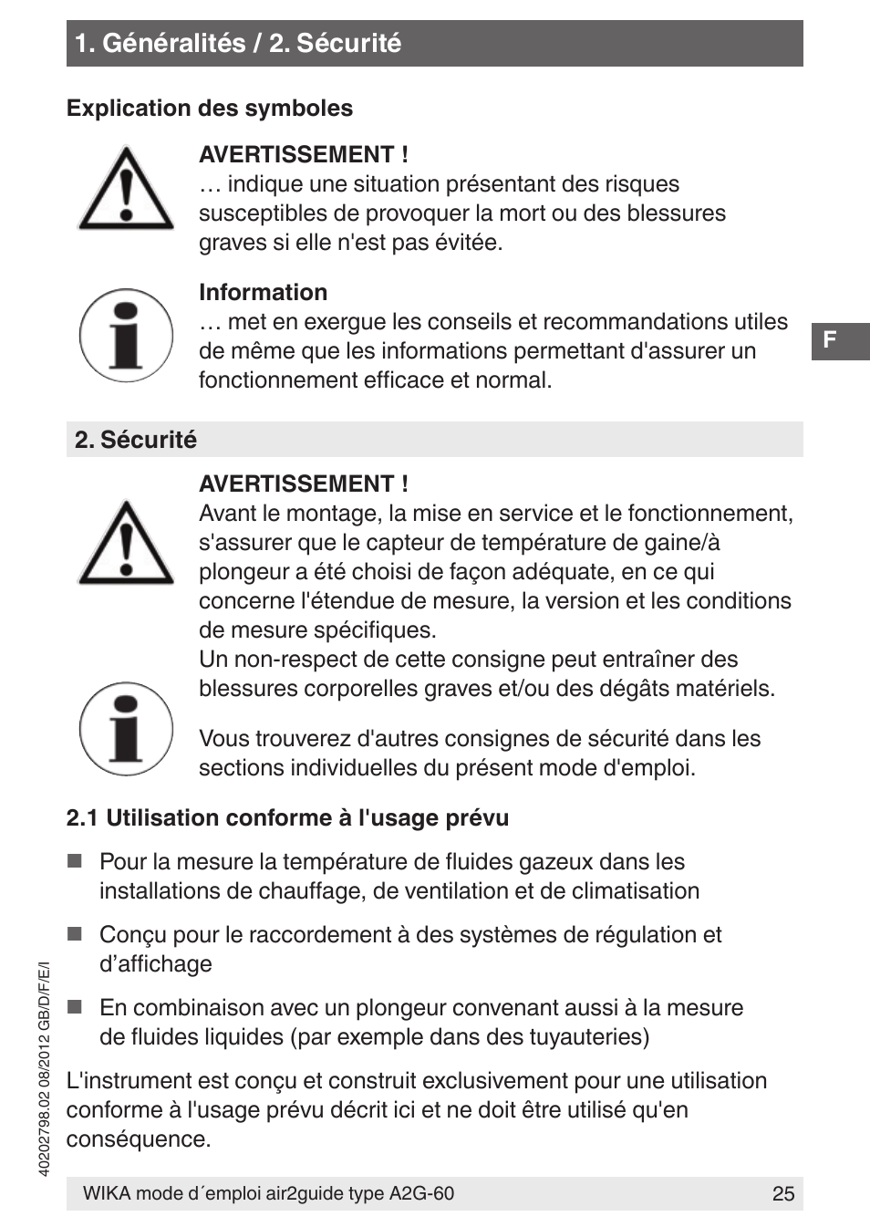 Généralités / 2. sécurité | WIKA A2G-60 User Manual | Page 25 / 52