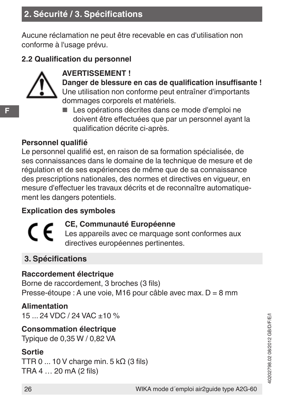 Sécurité / 3. spécifications | WIKA A2G-60 User Manual | Page 26 / 52