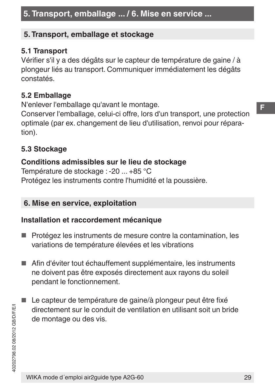 Transport, emballage ... / 6. mise en service | WIKA A2G-60 User Manual | Page 29 / 52
