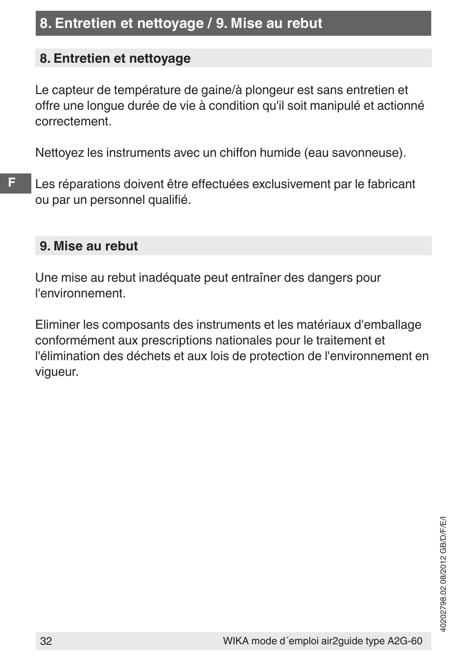 Entretien et nettoyage / 9. mise au rebut | WIKA A2G-60 User Manual | Page 32 / 52