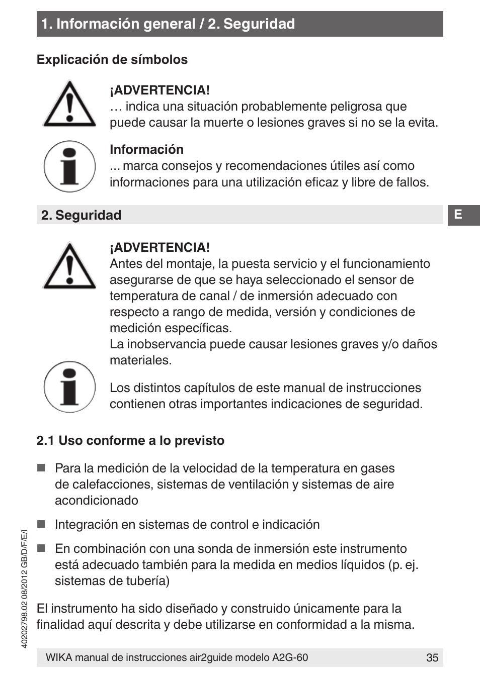 Información general / 2. seguridad | WIKA A2G-60 User Manual | Page 35 / 52