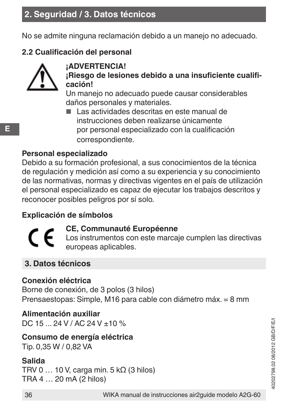 Seguridad / 3. datos técnicos | WIKA A2G-60 User Manual | Page 36 / 52