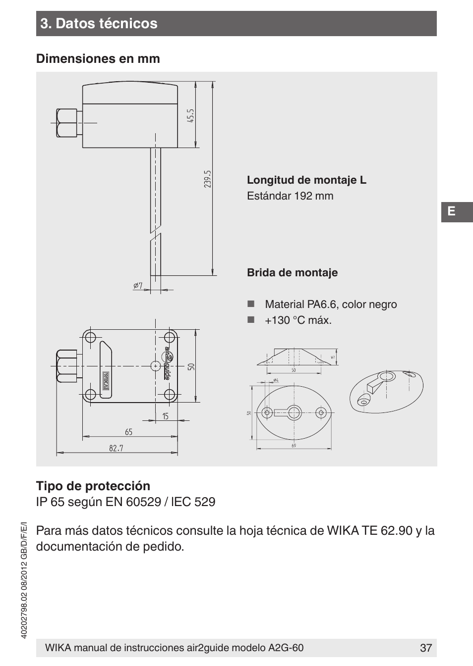 Datos técnicos | WIKA A2G-60 User Manual | Page 37 / 52