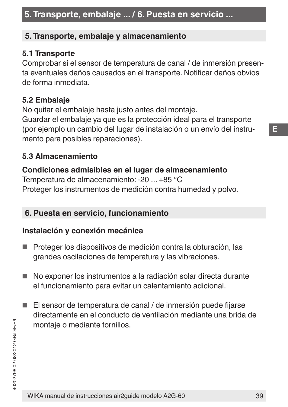 Transporte, embalaje ... / 6. puesta en servicio | WIKA A2G-60 User Manual | Page 39 / 52
