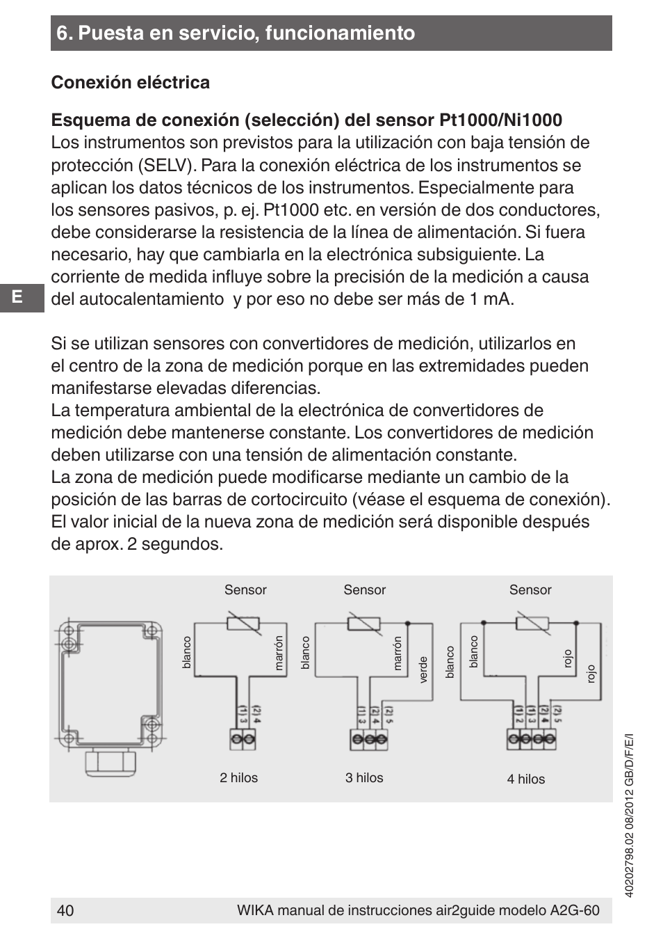 Puesta en servicio, funcionamiento | WIKA A2G-60 User Manual | Page 40 / 52