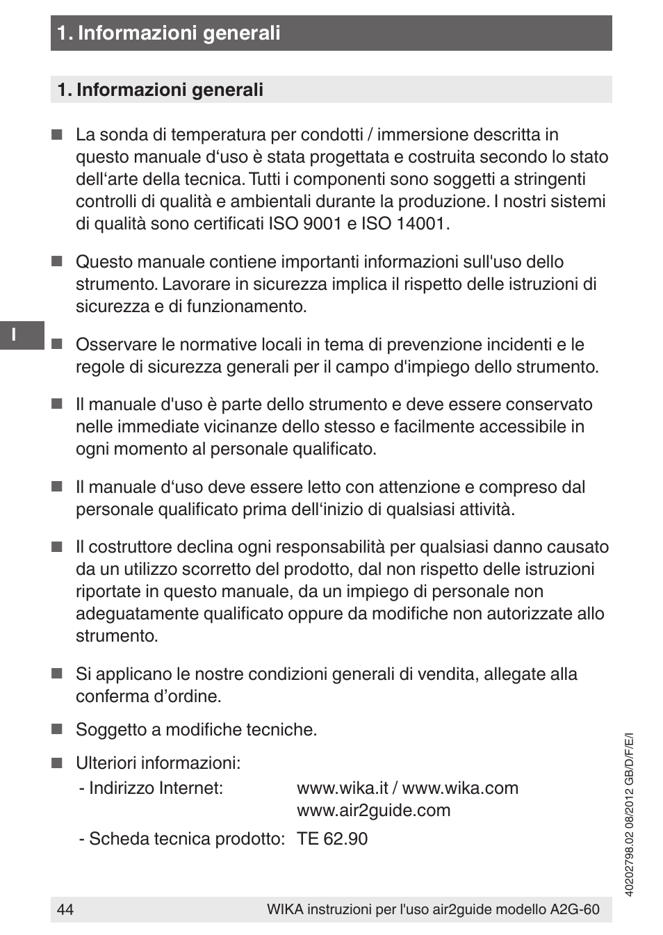 Informazioni generali | WIKA A2G-60 User Manual | Page 44 / 52
