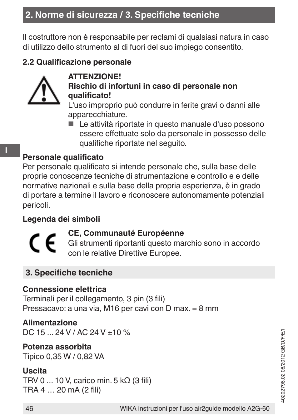 Norme di sicurezza / 3. specifiche tecniche | WIKA A2G-60 User Manual | Page 46 / 52