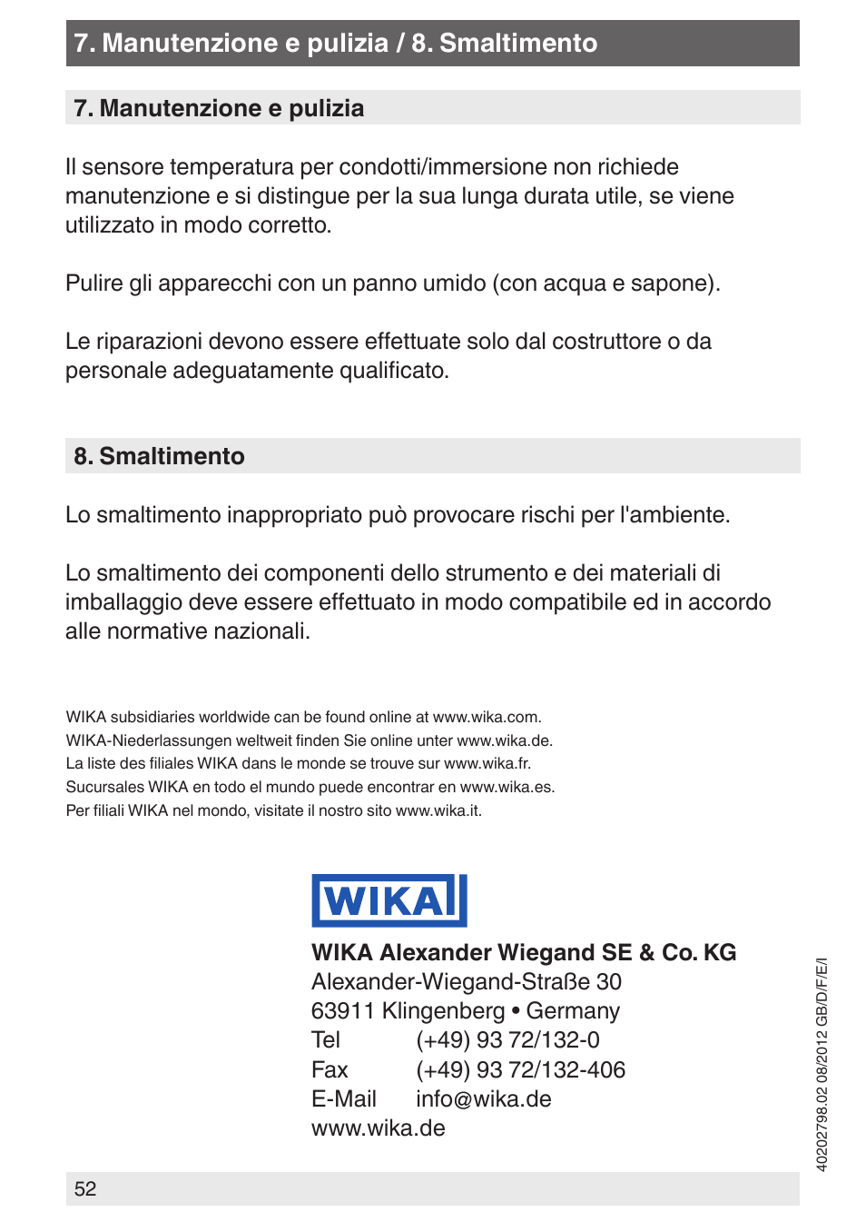 Manutenzione e pulizia / 8. smaltimento | WIKA A2G-60 User Manual | Page 52 / 52