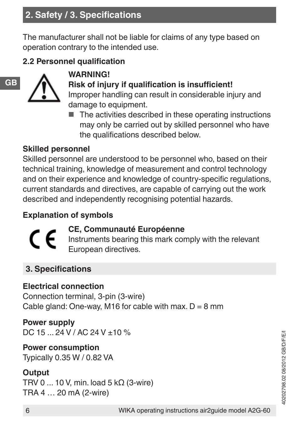 Safety / 3. specifications | WIKA A2G-60 User Manual | Page 6 / 52
