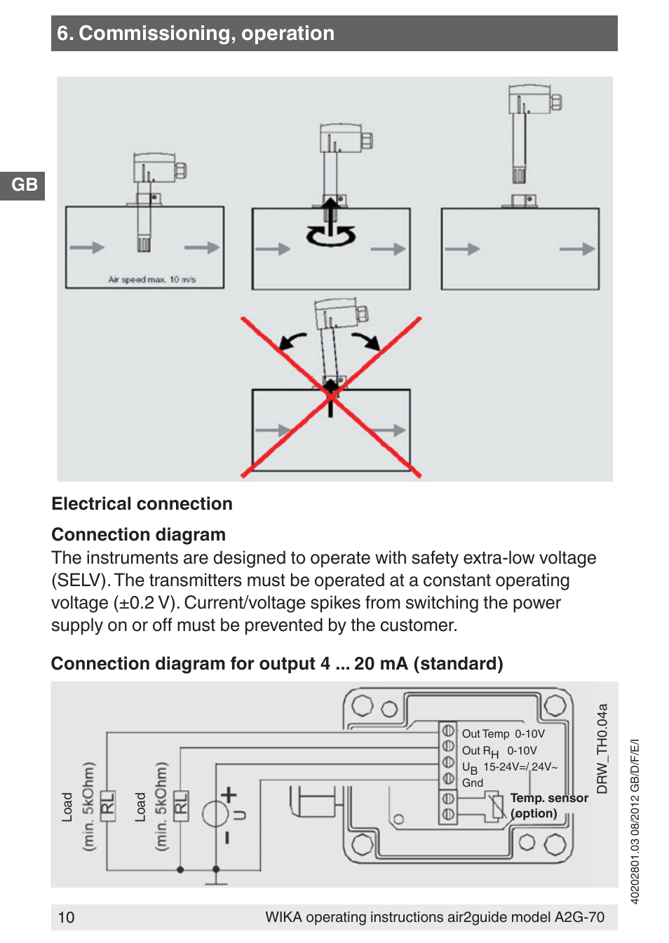 Commissioning, operation, Connection diagram for output 4 ma (standard) | WIKA A2G-70 User Manual | Page 10 / 52