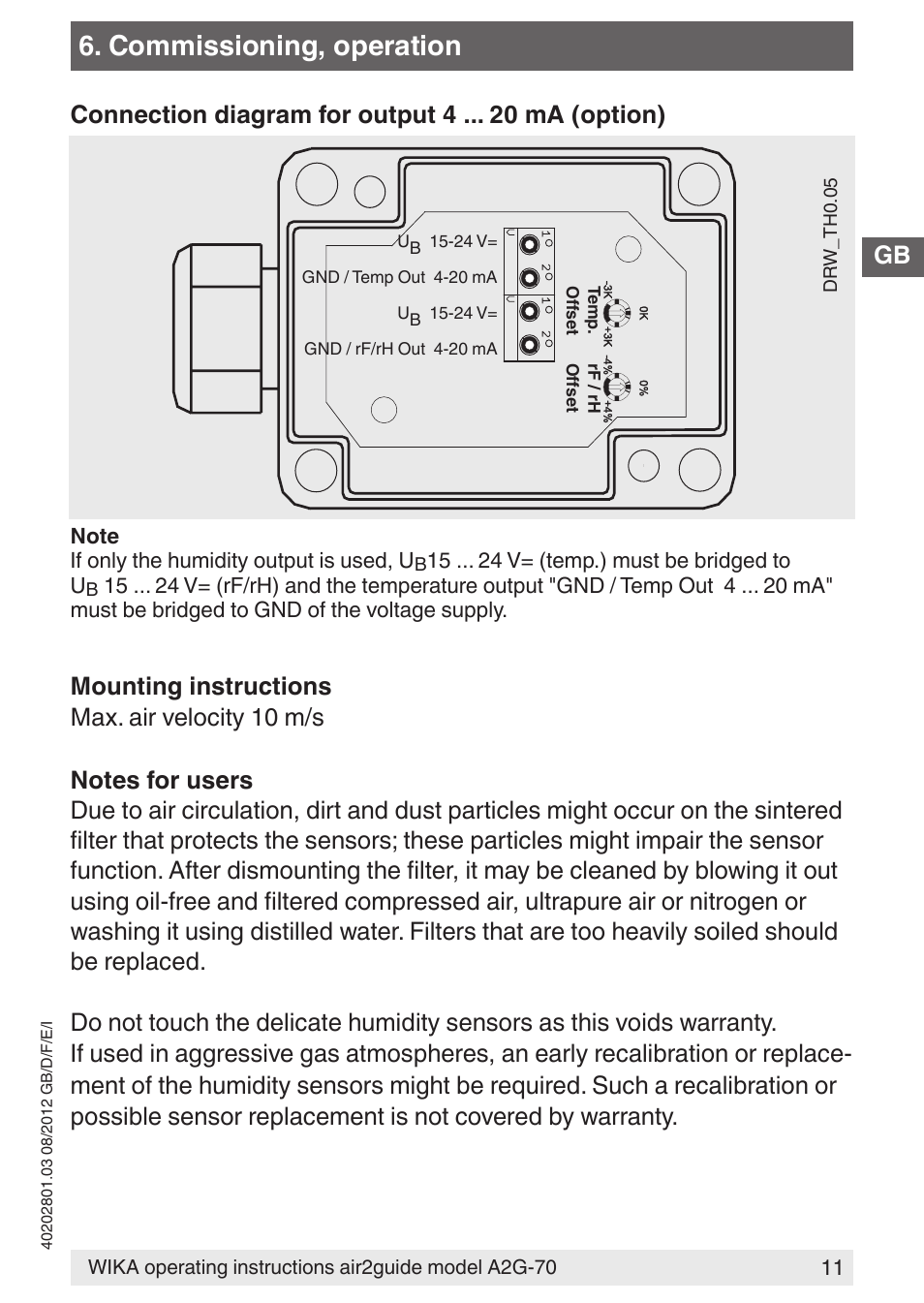 Commissioning, operation | WIKA A2G-70 User Manual | Page 11 / 52