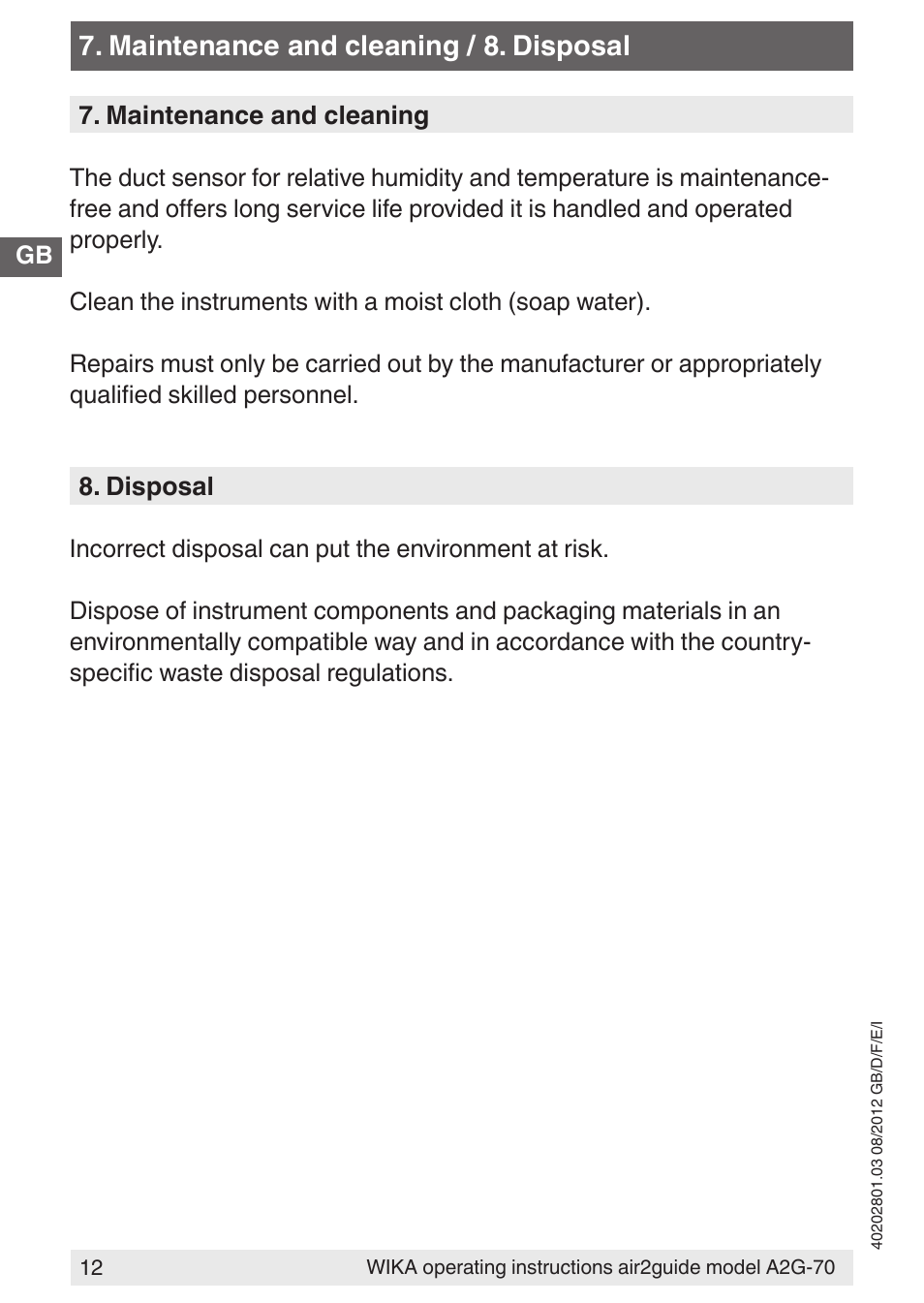 Maintenance and cleaning / 8. disposal | WIKA A2G-70 User Manual | Page 12 / 52