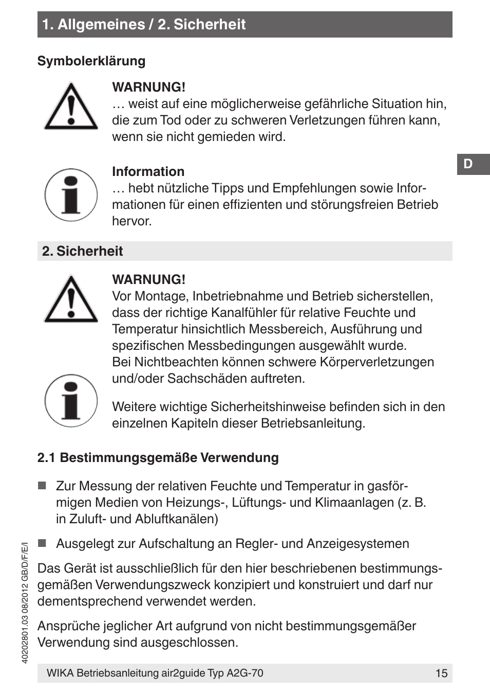 Allgemeines / 2. sicherheit | WIKA A2G-70 User Manual | Page 15 / 52