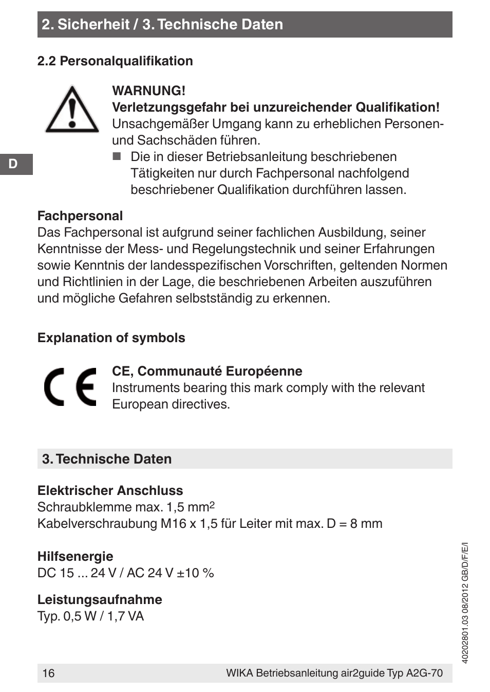 Sicherheit / 3. technische daten | WIKA A2G-70 User Manual | Page 16 / 52