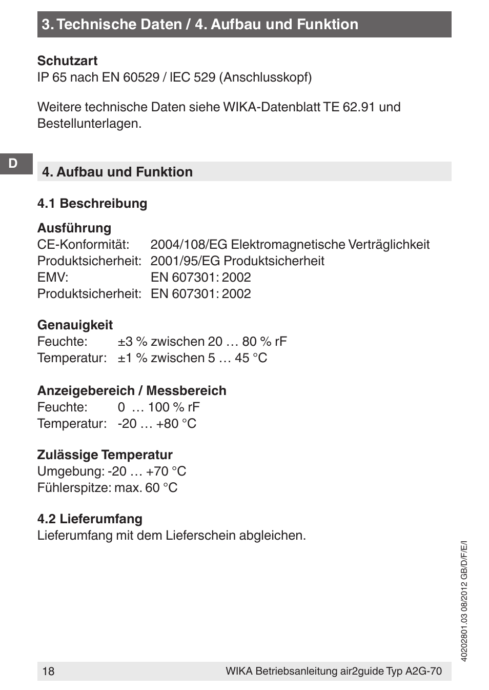 Technische daten / 4. aufbau und funktion | WIKA A2G-70 User Manual | Page 18 / 52