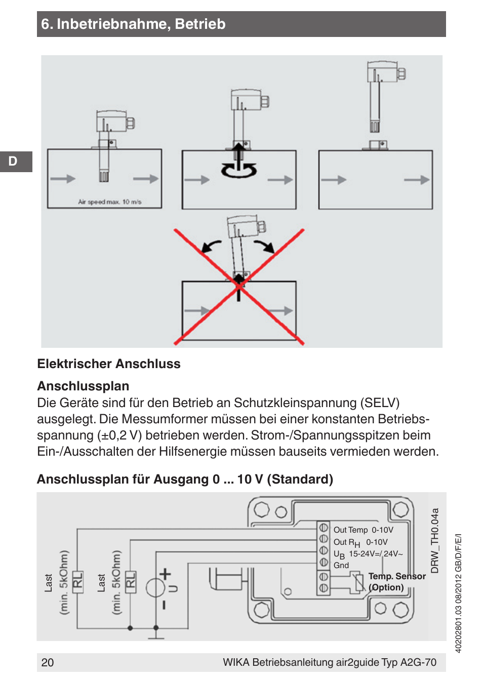 Inbetriebnahme, betrieb, Anschlussplan für ausgang 0 v (standard) | WIKA A2G-70 User Manual | Page 20 / 52
