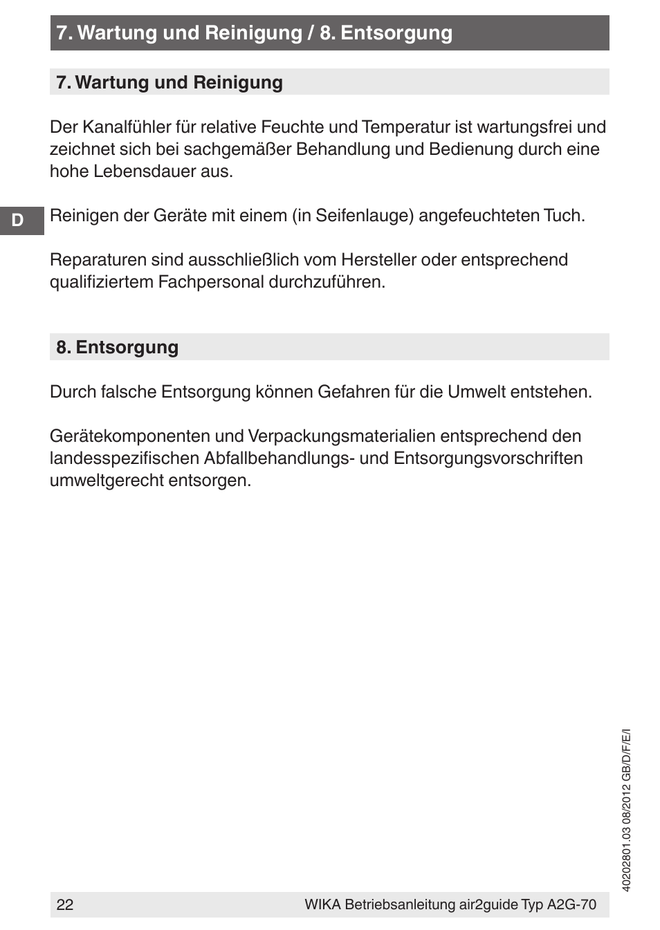Wartung und reinigung / 8. entsorgung | WIKA A2G-70 User Manual | Page 22 / 52