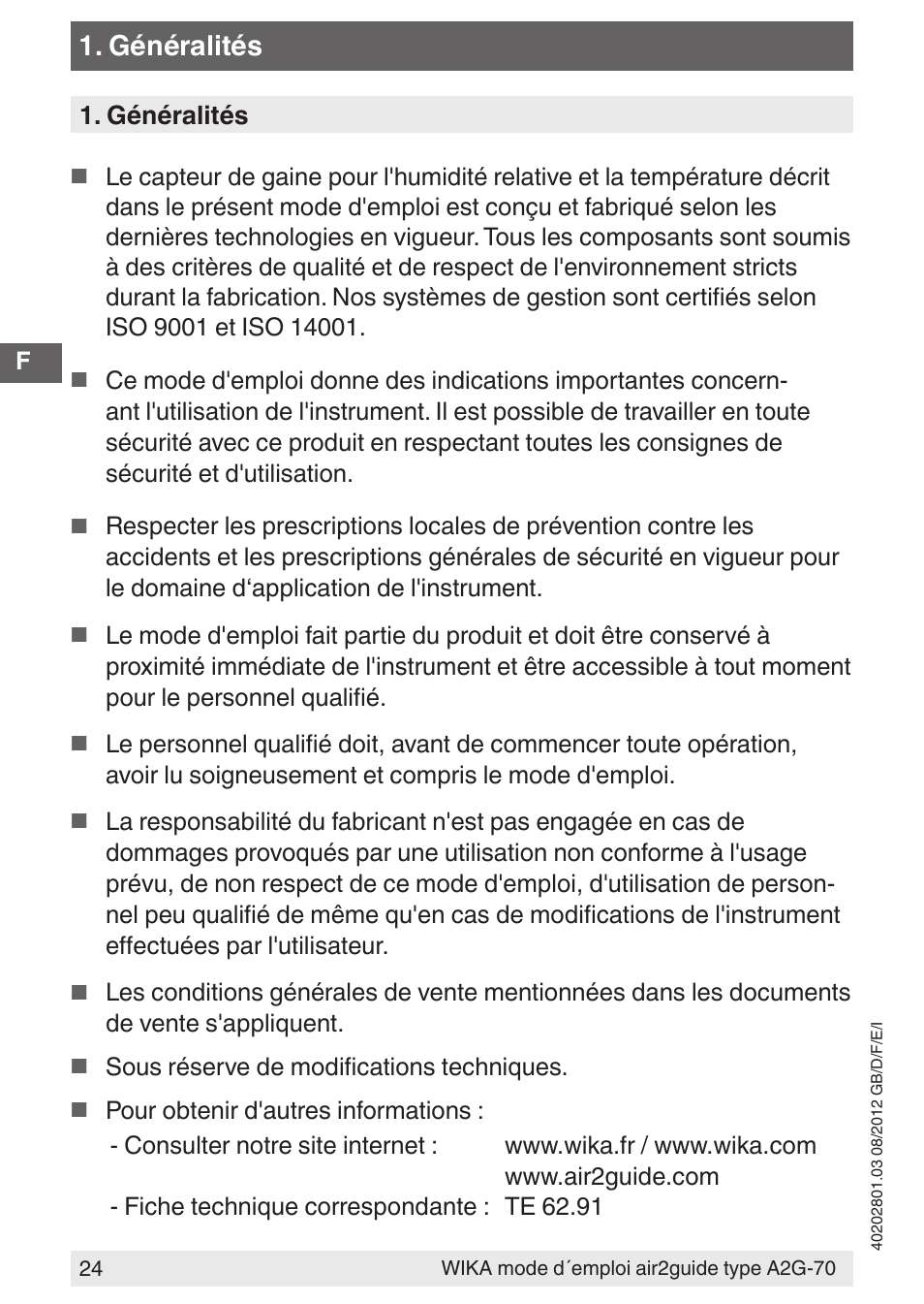 Généralités | WIKA A2G-70 User Manual | Page 24 / 52