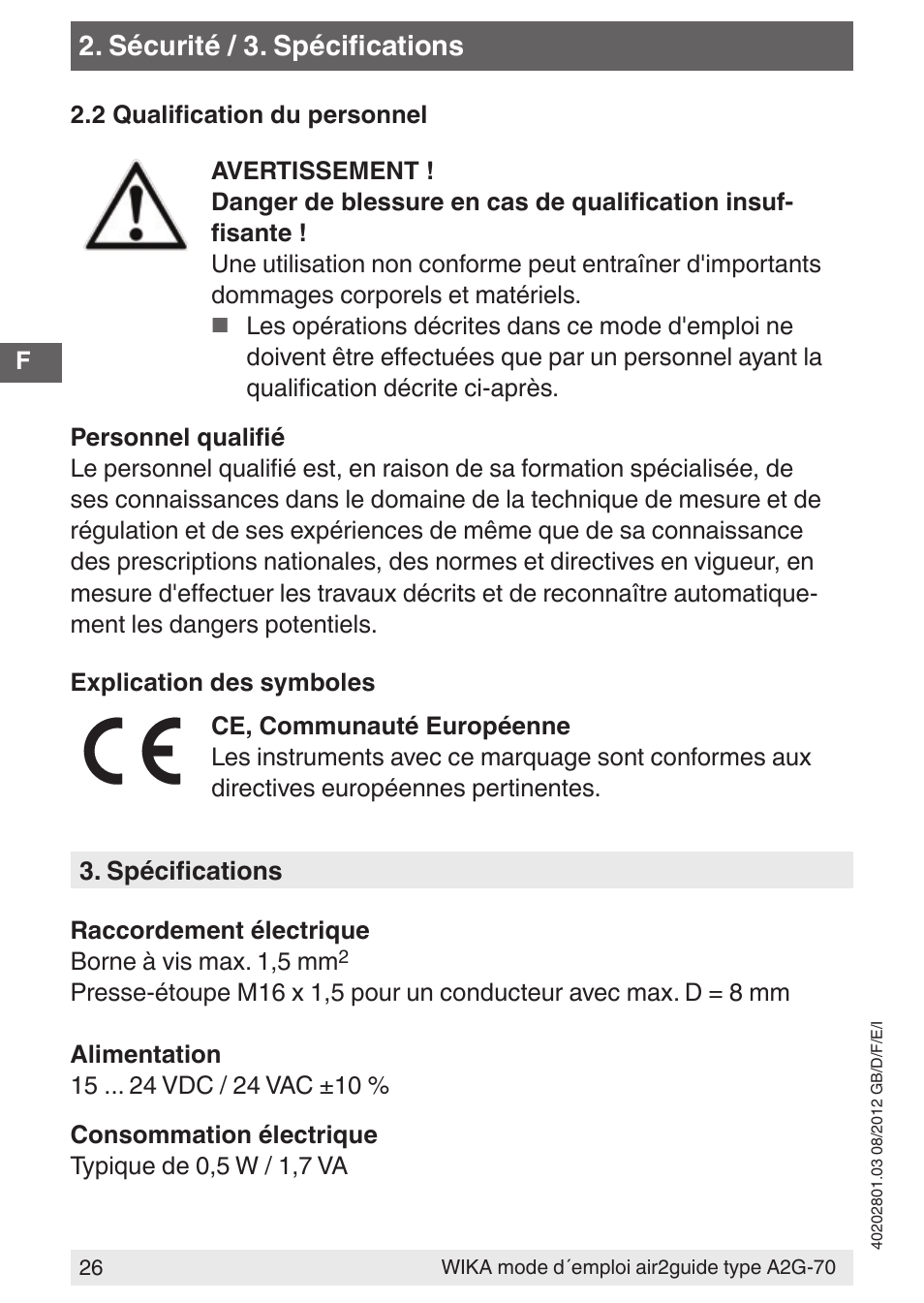 Sécurité / 3. spécifications | WIKA A2G-70 User Manual | Page 26 / 52