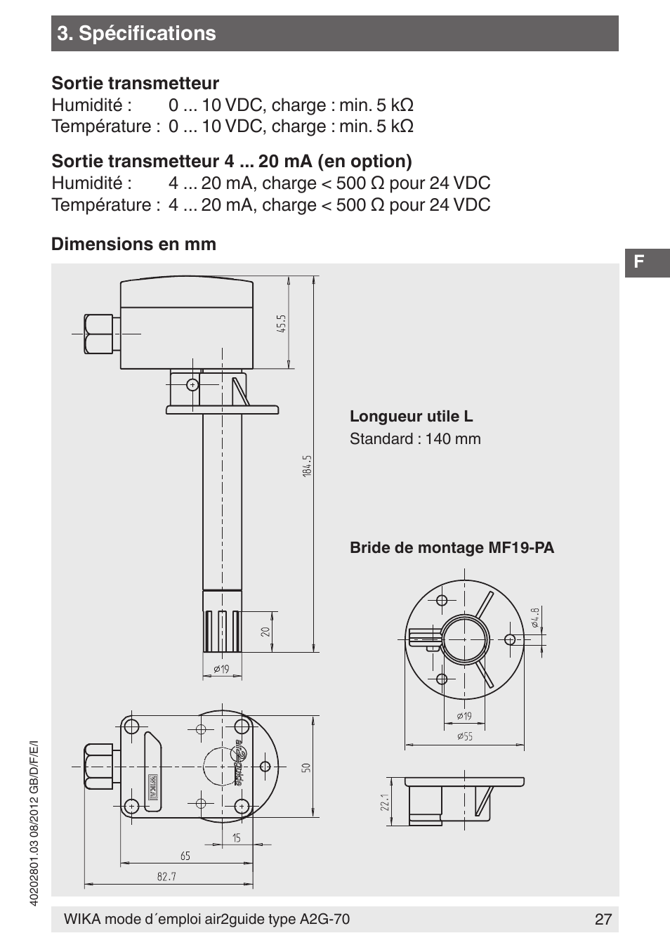 Spécifications | WIKA A2G-70 User Manual | Page 27 / 52