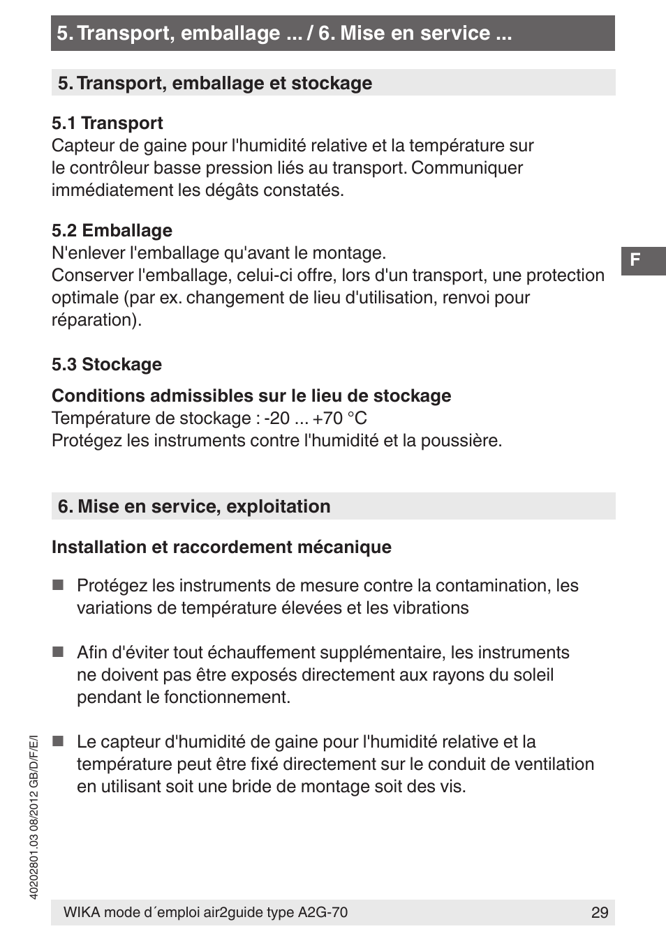 Transport, emballage ... / 6. mise en service | WIKA A2G-70 User Manual | Page 29 / 52
