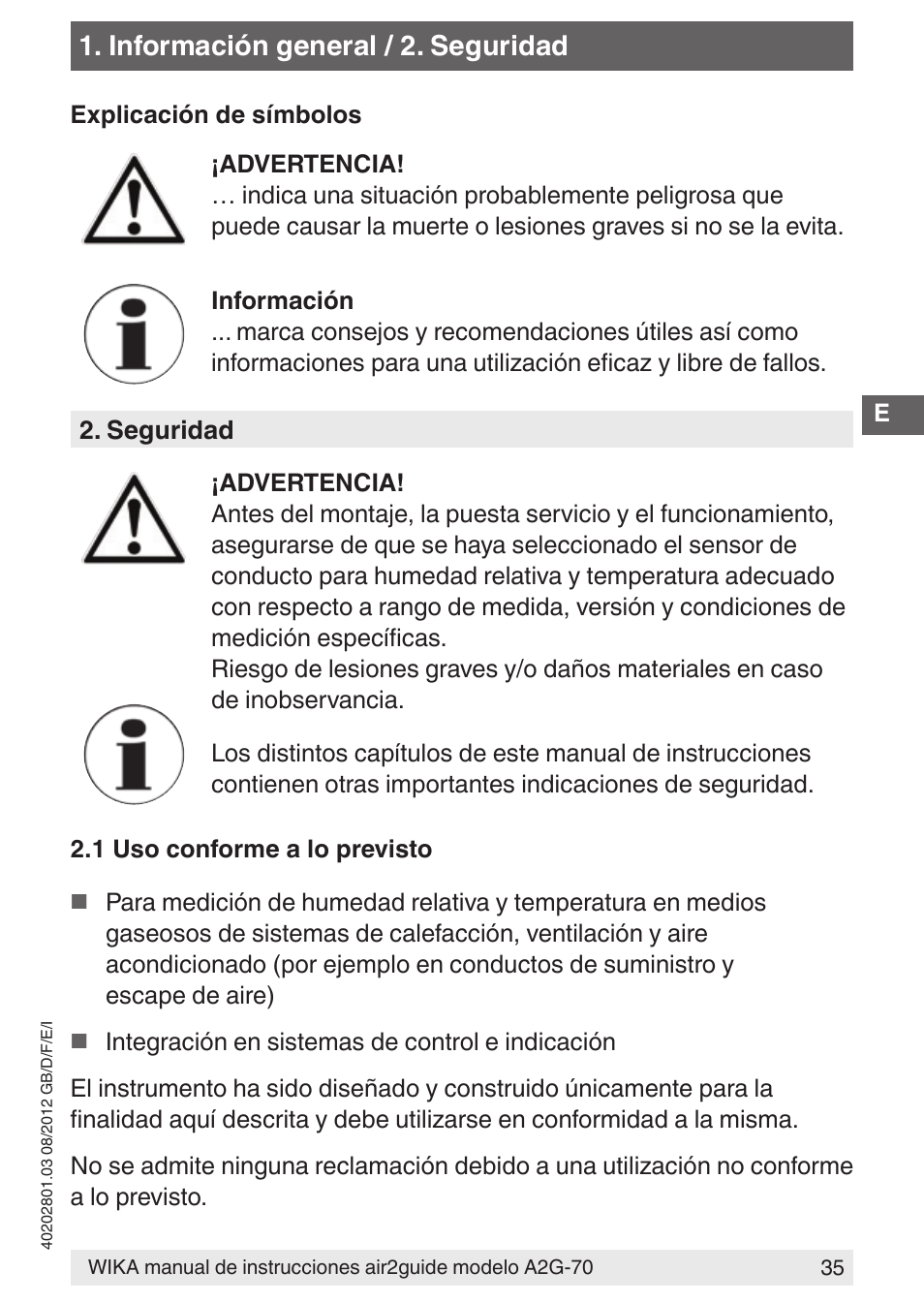Información general / 2. seguridad | WIKA A2G-70 User Manual | Page 35 / 52