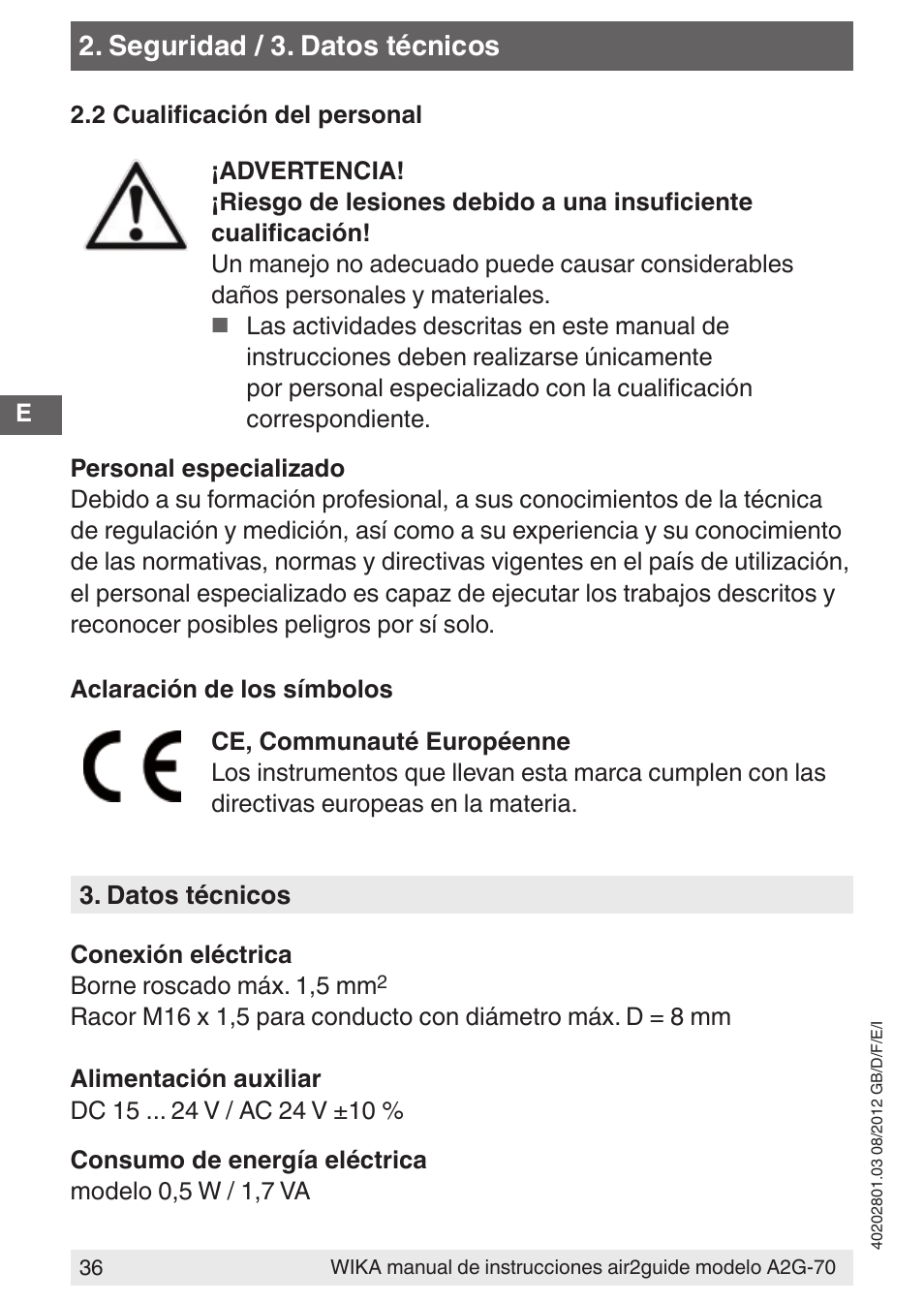 Seguridad / 3. datos técnicos | WIKA A2G-70 User Manual | Page 36 / 52