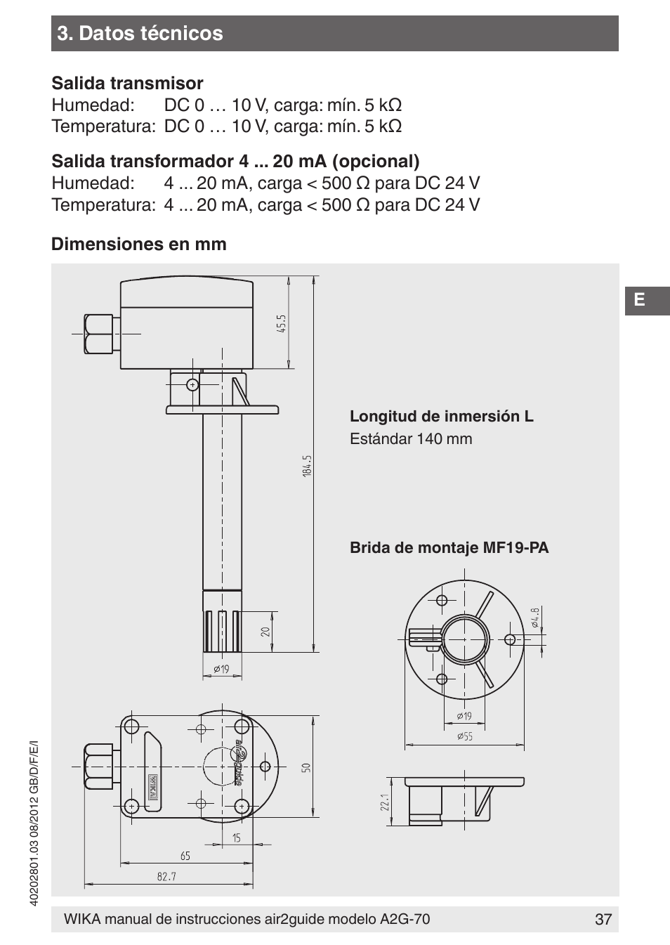 Datos técnicos | WIKA A2G-70 User Manual | Page 37 / 52