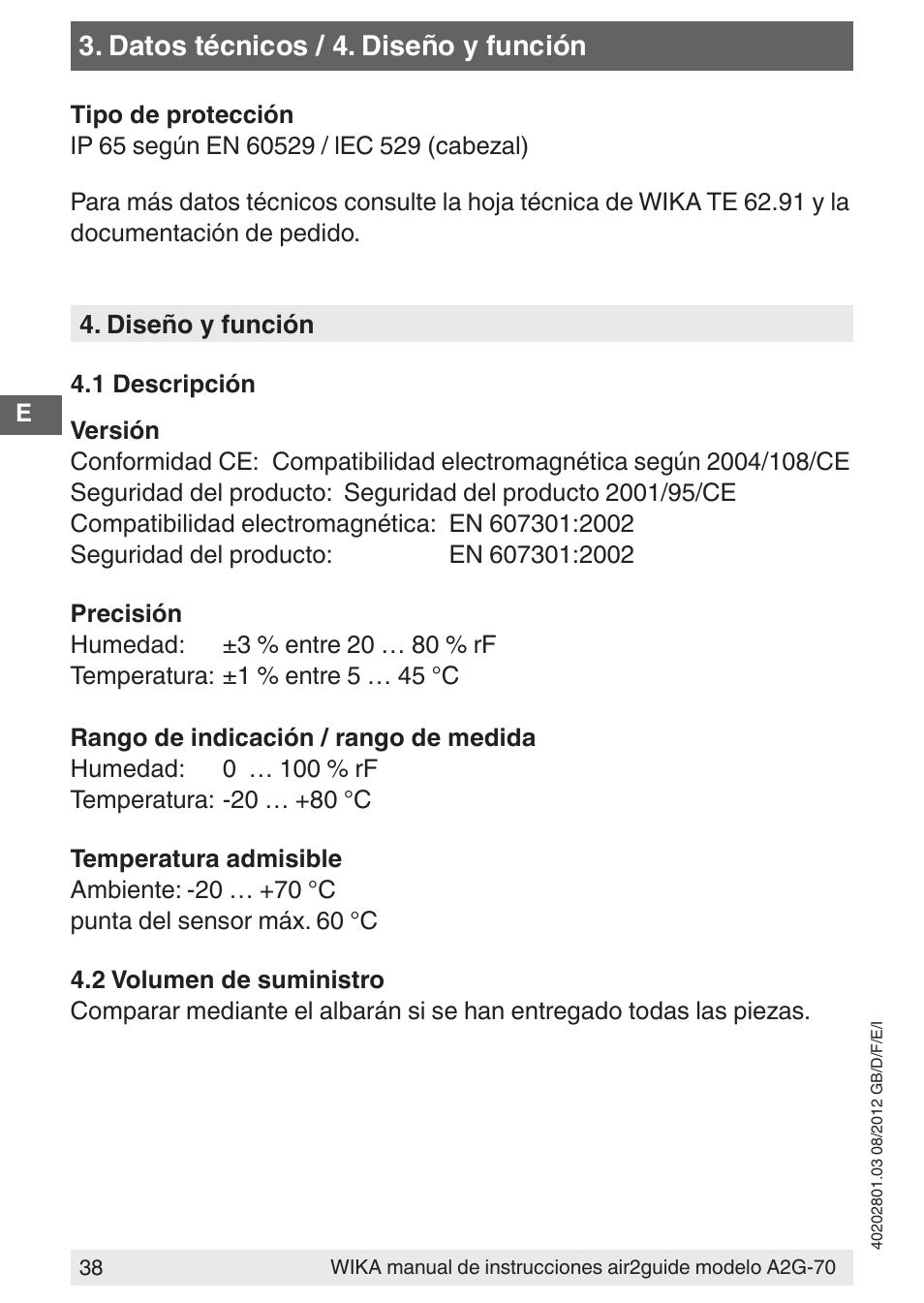 Datos técnicos / 4. diseño y función | WIKA A2G-70 User Manual | Page 38 / 52