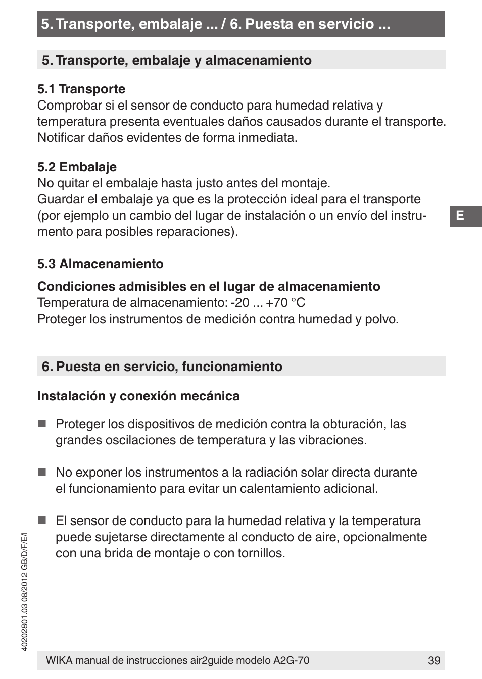 Transporte, embalaje ... / 6. puesta en servicio | WIKA A2G-70 User Manual | Page 39 / 52