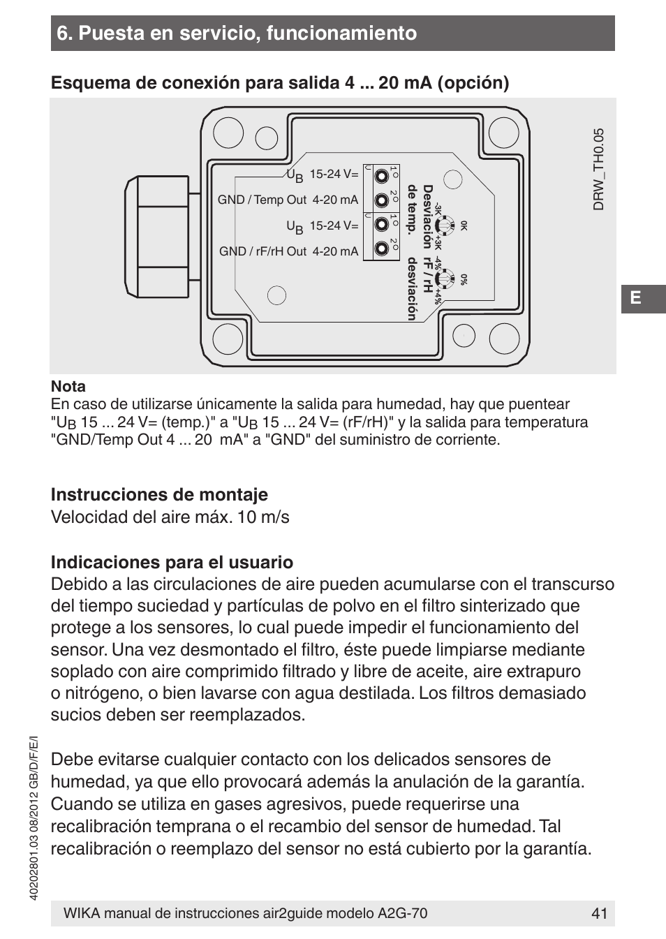 Puesta en servicio, funcionamiento | WIKA A2G-70 User Manual | Page 41 / 52